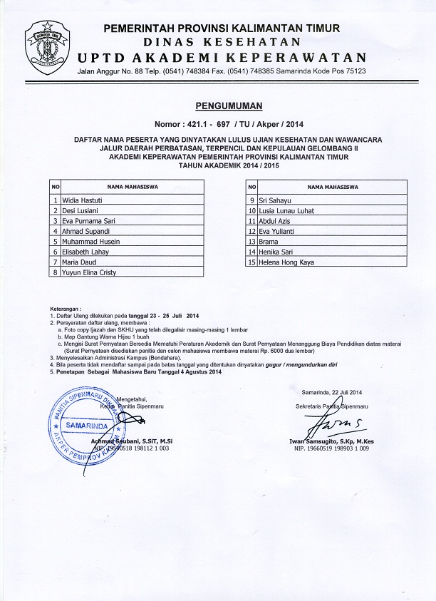 Dokumen pengumuman hasil lulus tes wawancara dan kesehatan jalur Perbatasan Gelombang II